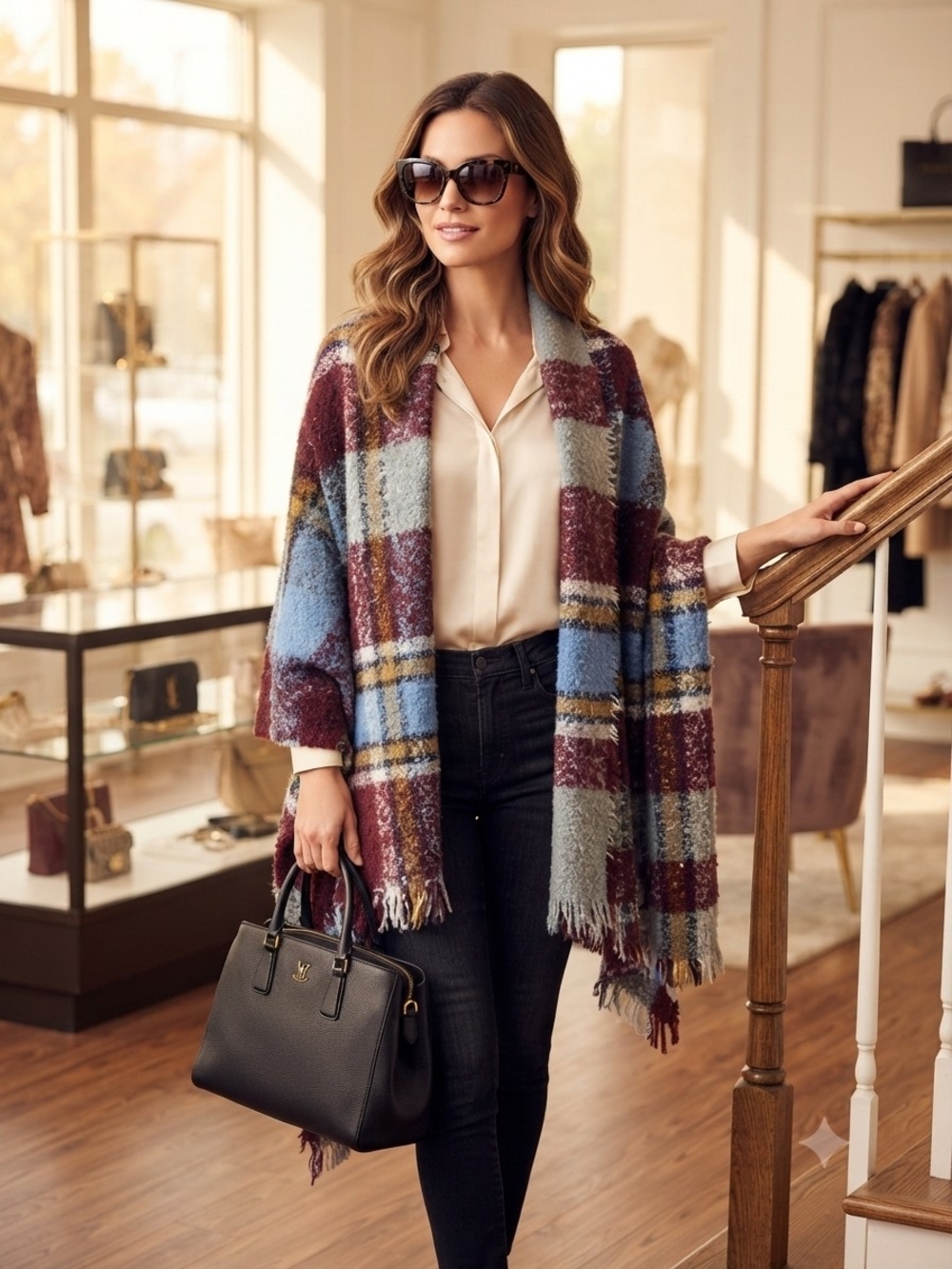 Cozy Plaid Open-Front Sweater Wrap/Shawl in Blue and Burgundy
